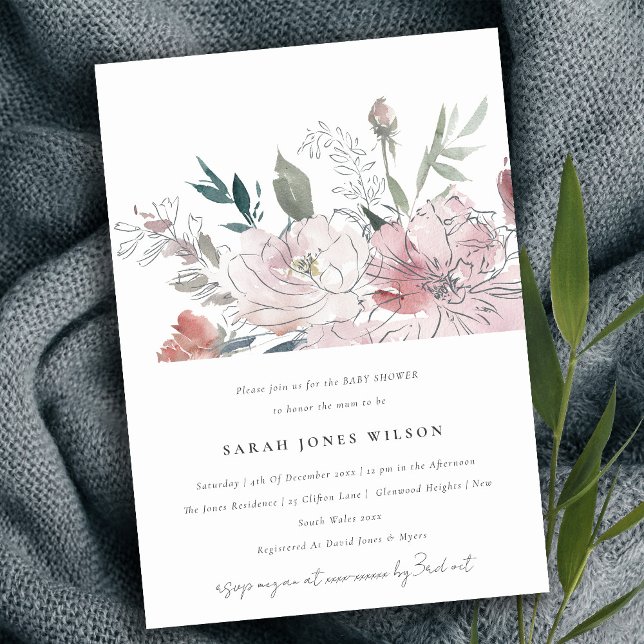 Chic Dusky Blush Watercolor Floral Baby Shower Invitation (Creator Uploaded)