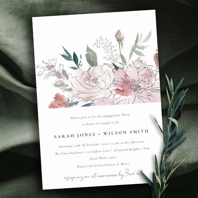 Chic Dusky Blush Watercolor Floral Engagement Invitation (Creator Uploaded)