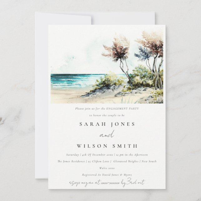 Chic Dusky Coastal Palm Beach Seascape Engagement Invitation (Front)