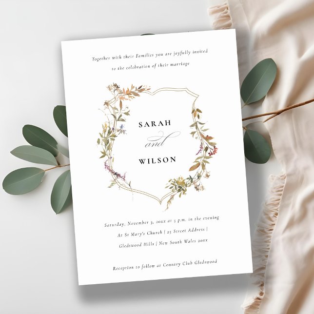 Chic Dusky Pink Blush Wildflower Crest Wedding Invitation (Creator Uploaded)