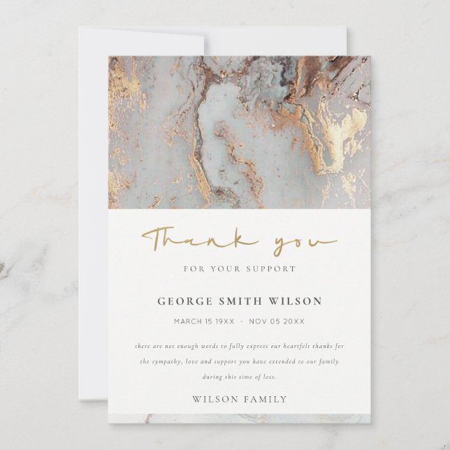 Chic Dusky White Grey Gold Agate Sympathy Memorial Thank You Card (Front)