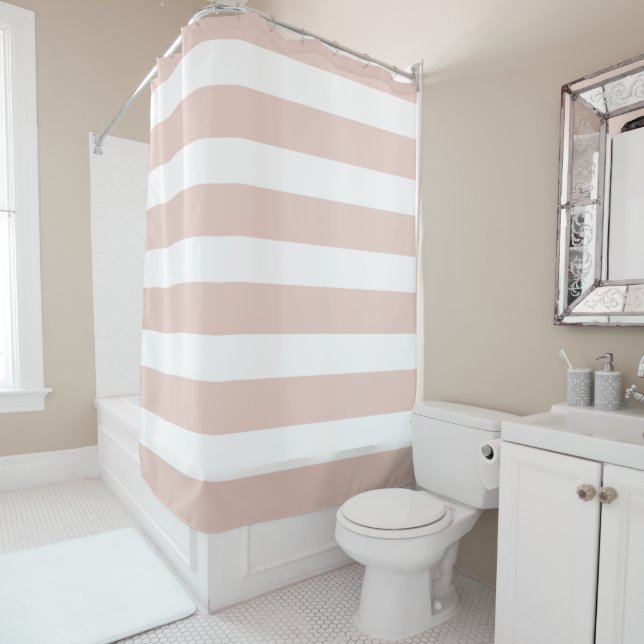 Chic Dust Storm Pink White Stripes  Shower Curtain (In Situ)