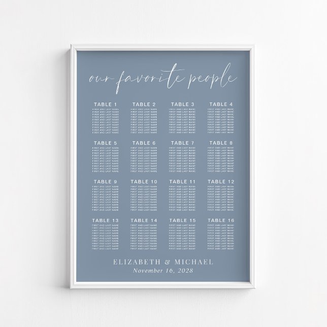 Chic Dusty Blue 16 Table Wedding Seating Chart (Creator Uploaded)