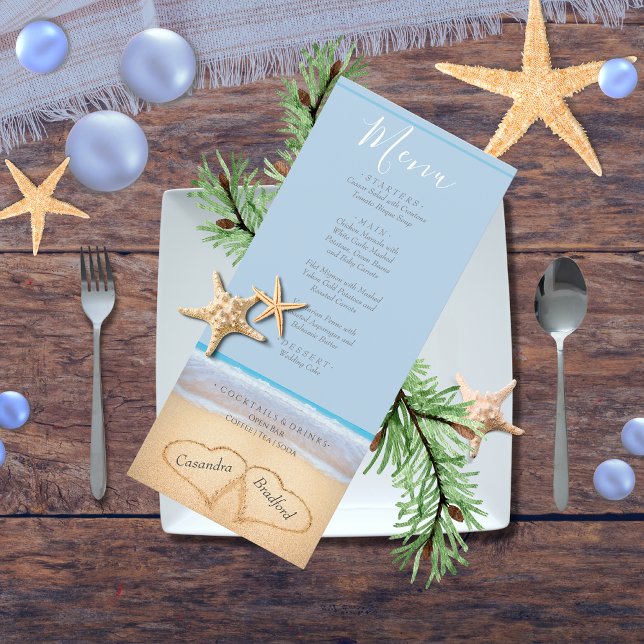 Chic Dusty Blue 2 hearts on the Beach Wedding Menu (Creator Uploaded)