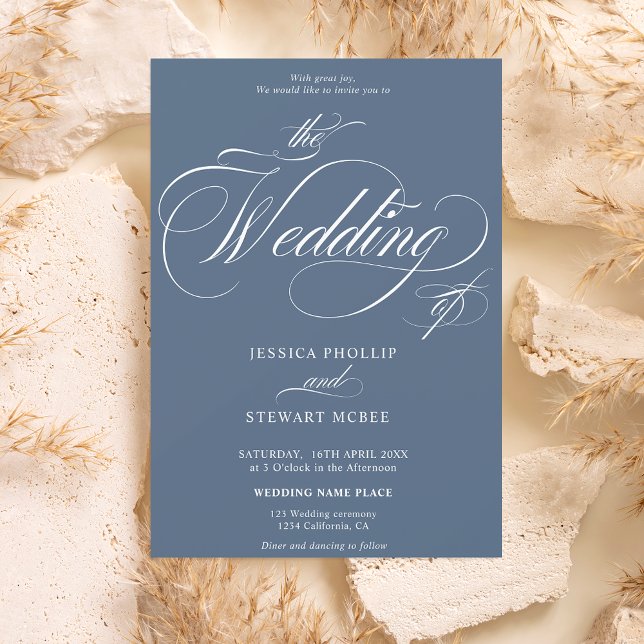 Chic dusty blue all in one calligraphy wedding invitation (Creator Uploaded)