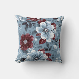 Chic Dusty Blue and Burgundy Floral Throw Pillow