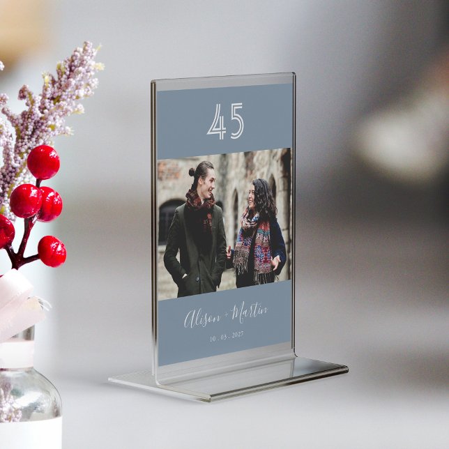 Chic Dusty Blue and White Hand Lettered Wedding Table Number (Personalized Chic Dusty Blue and White Hand Lettered Wedding Table Number)