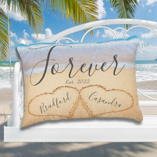 Chic Dusty Blue Beach Couples Hearts Sand  Decorative Cushion