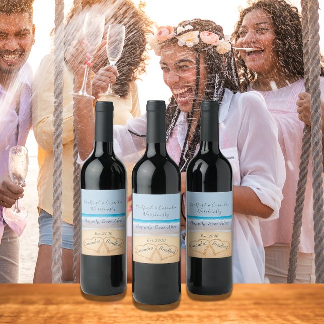 Chic Dusty Blue Beach Wedding 2 Heart Sand Wine Label (Creator Uploaded)