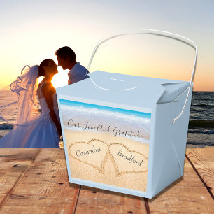 Chic Dusty Blue Beach Wedding 2 Hearts in Sand Favour Box