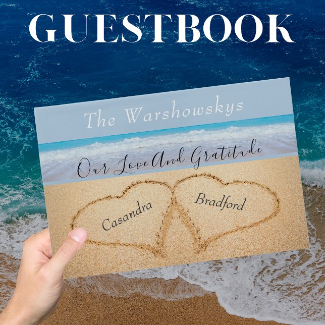 Chic Dusty Blue Beach Wedding 2 Hearts in Sand Guest Book (Creator Uploaded)