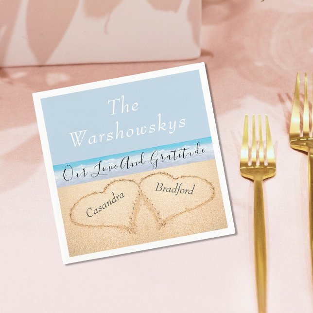 Chic Dusty Blue Beach Wedding 2 Hearts in Sand Napkin (Creator Uploaded)