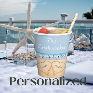 Chic Dusty Blue Beach Wedding 2 Hearts in Sand Paper Cups