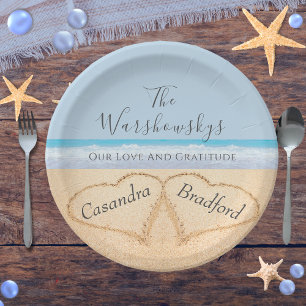 Chic Dusty Blue Beach Wedding 2 Hearts in Sand Paper Plate