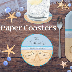 Chic Dusty Blue Beach Wedding 2 Hearts in Sand Round Paper Coaster