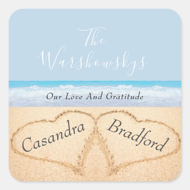 Chic Dusty Blue Beach Wedding 2 Hearts in Sand   Square Sticker (Front)