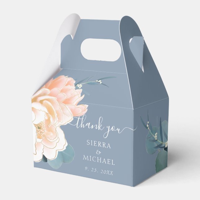Chic Dusty Blue Blush Gold Peach Floral Wedding Favour Box (Front Side)