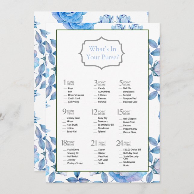 Chic Dusty Blue Blush Roses Bridal Shower Game Invitation (Front/Back)