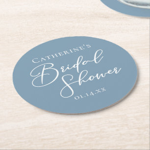 Chic Dusty Blue Bridal Shower Personalised Round Paper Coaster