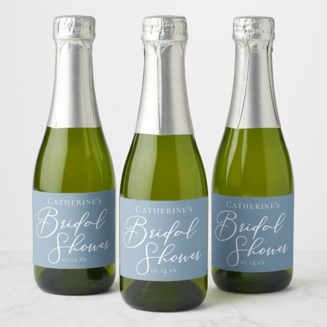 Chic Dusty Blue Bridal Shower White Personalised Sparkling Wine Label (Bottles)