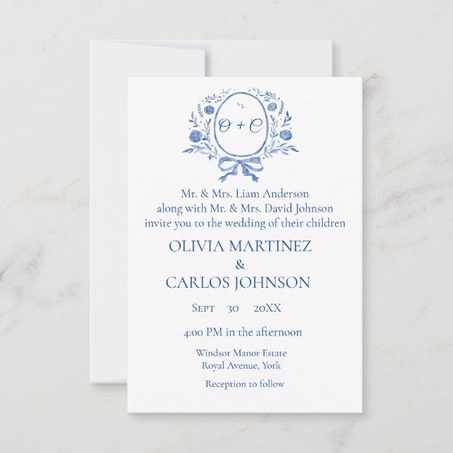 Chic Dusty Blue Crest Monogram elegant Wedding  Invitation (Front)
