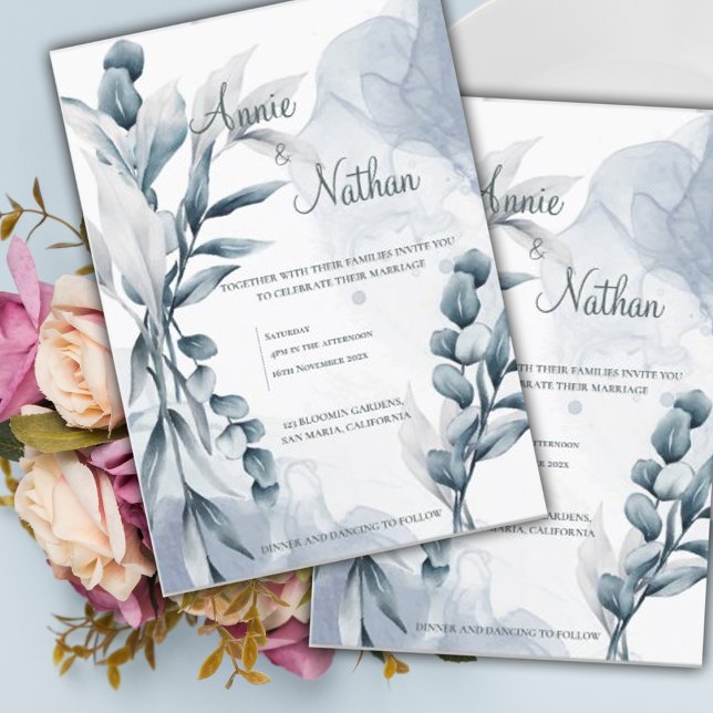 Chic Dusty Blue Eucalyptus Leaves Elegant Wedding Invitation (Chic Dusty Blue Eucalyptus Leaves Elegant Wedding Invitation)
