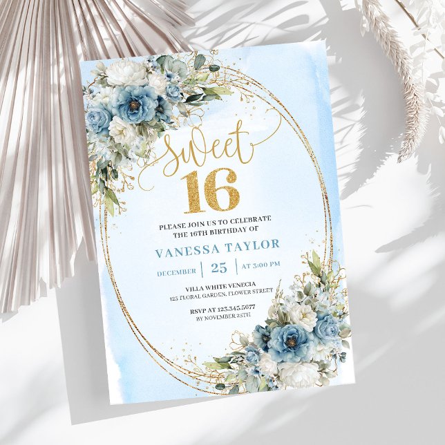 Chic Dusty Blue Floral Eucalyptus Sweet 16 Invite (Chic Dusty Blue Floral Eucalyptus Sweet 16th Invite)