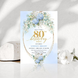 Chic Dusty Blue Floral Gold 80th Birthday Invite