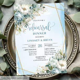 Chic Dusty Blue Floral Gold Glitter Dinner Invites