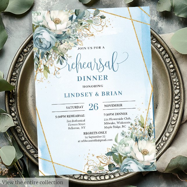 Chic Dusty Blue Floral Gold Glitter Dinner Invites (Chic Dusty Blue Floral Gold Glitter Dinner Invitation)