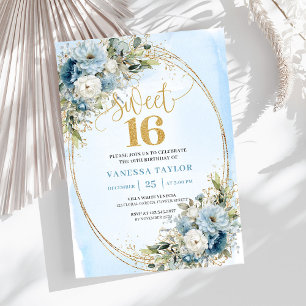Chic Dusty Blue Floral Gold Sweet Sixteen Invite