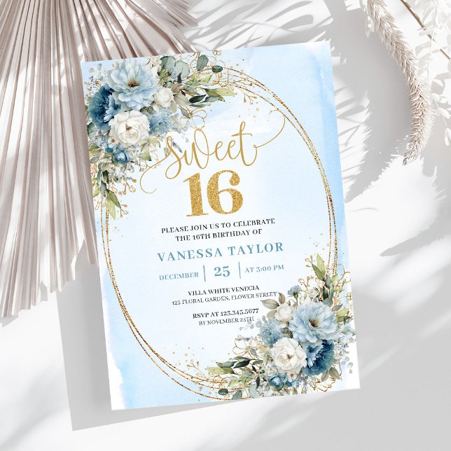 Chic Dusty Blue Floral Gold Sweet Sixteen Invite (Chic Dusty Blue Floral Gold Sweet Sixteen Invitation)