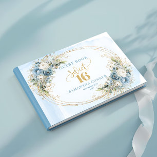 Chic Dusty Blue Floral Gold Sweet Sixteen Sign In Guest Book