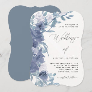 Chic Dusty Blue Floral with Calligraphy Wedding Invitation