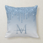 Chic Dusty Blue Glitter Drips Glam Monogram Script Cushion<br><div class="desc">Modern Glam Dusty Blue Glitter Drips Ombre Monogram Script Throw Pillow</div>