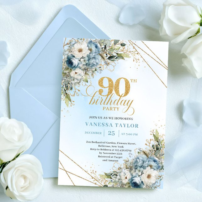 Chic Dusty Blue Gold Script 90th Birthday Invite (Chic Dusty Blue Gold Script 90th Birthday Invite

)