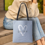 Chic Dusty Blue Heart Personalised Tote Bag<br><div class="desc">This dusty blue tote bag is personalised with your name in a simple font over a large white heart. Ideal for yourself,  for your bridesmaids,  book club,  graduation gift,  birthday gift,  teacher's gift or any occasion. MORE colours in our store.</div>