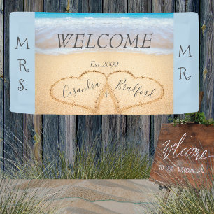 Chic Dusty Blue Hearts Beach welcome wedding Banner
