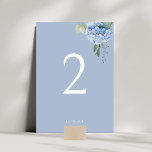 Chic Dusty Blue Hydrangea Wedding Table Number<br><div class="desc">Chic and elegant floral wedding table number featuring a table number and optional couple names along with a beautiful blue hydrangea design,  both back and front. Text comes in white against a dusty blue background.  Personalise this card to make it your own.</div>