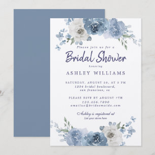 Chic Dusty Blue Ivory Rose Bridal Shower Invitatio Invitation