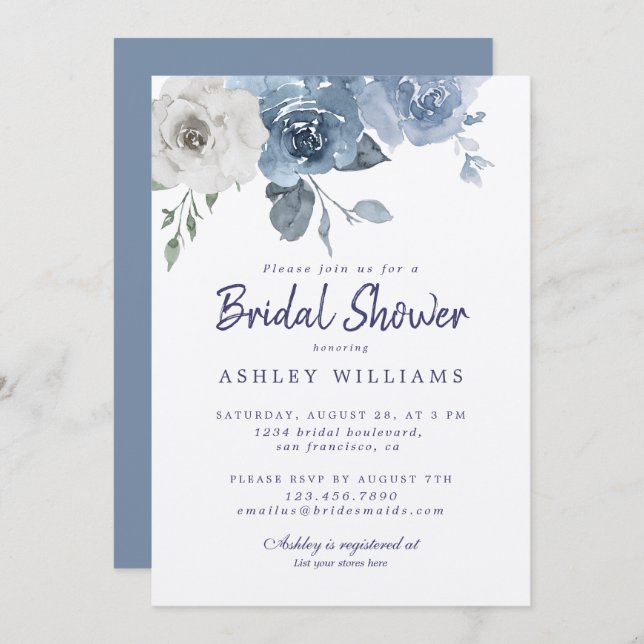 Chic Dusty Blue Ivory Rose Bridal Shower Invitation (Front/Back)