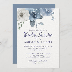 Chic Dusty Blue Ivory Rose Bridal Shower Invitation