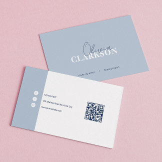 Chic Dusty Blue Minimalist Qr Code Business Card