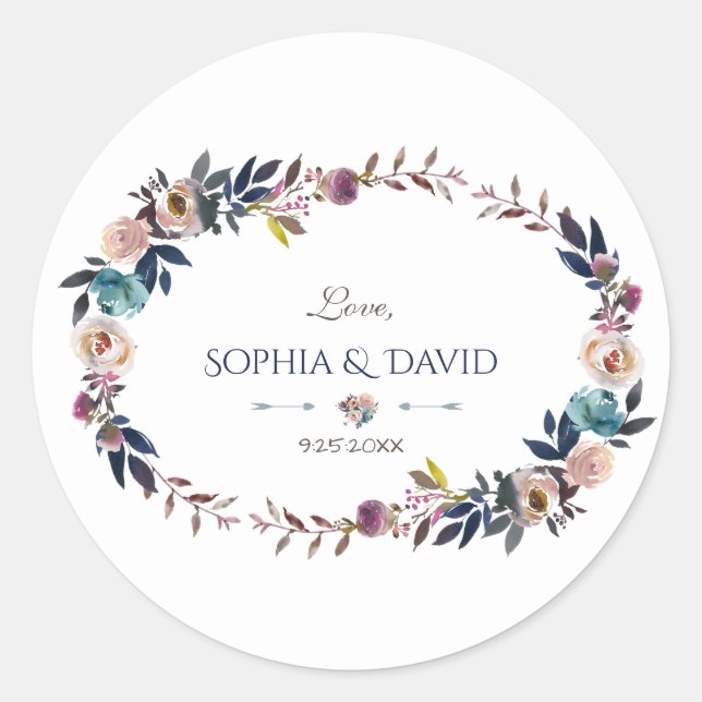 Chic Dusty Blue Misty Rose Wreath Wedding Classic Round Sticker (Front)