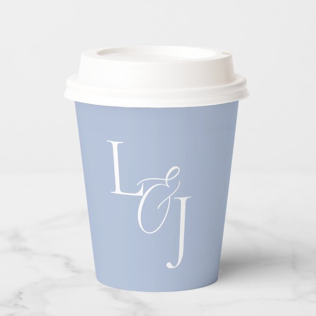 Chic Dusty Blue Monogram Script Event Wedding  Paper Cups (Front)