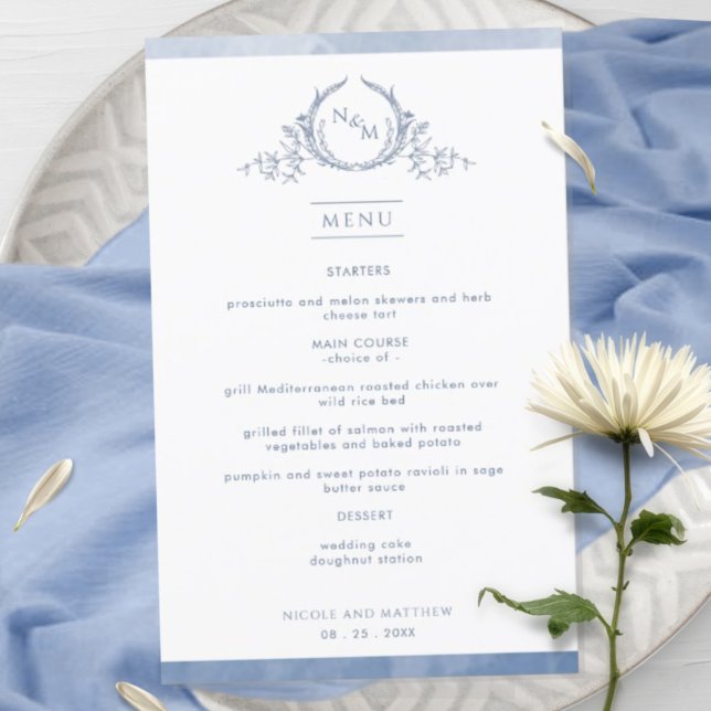 Chic Dusty Blue Monogram Watercolor Wedding Menu (Creator Uploaded)