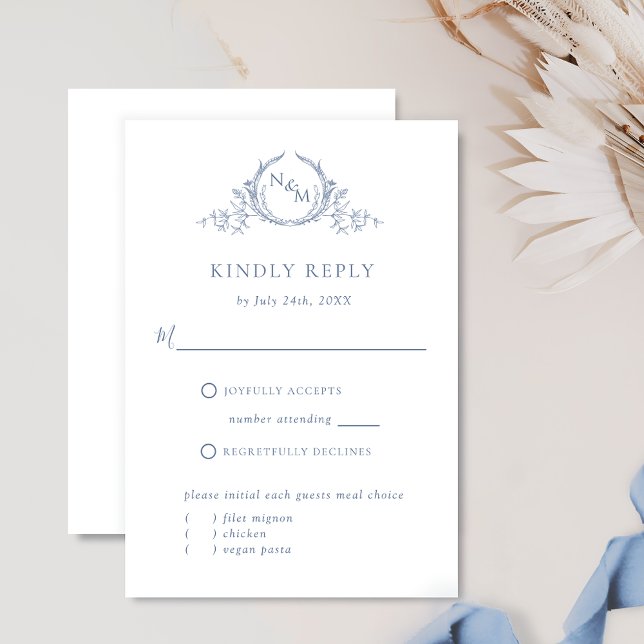 Chic Dusty Blue Monogram, With /Without Meals RSVP Card (Creator Uploaded)