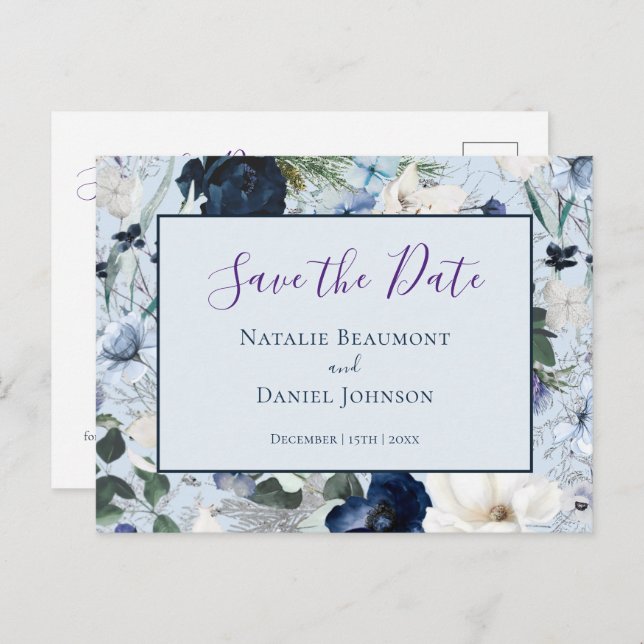 Chic Dusty Blue Navy Floral Save the Date Announcement Postcard (Front/Back)