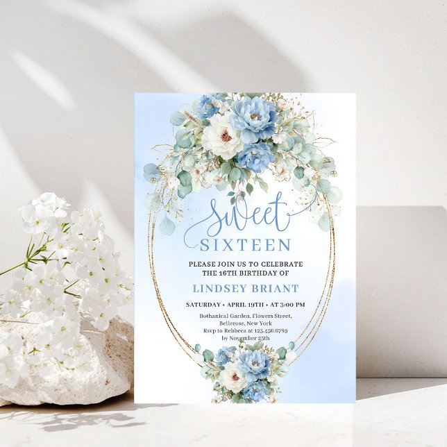 Chic Dusty Blue Peony Eucalyptus 16th Birthday  Invitation (Chic Dusty Blue Peony Eucalyptus 16th Birthday Invitation)