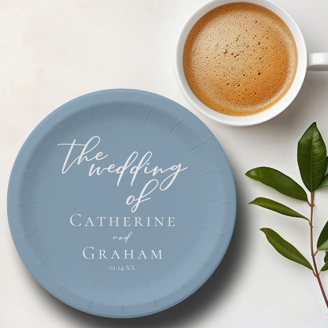 Chic Dusty Blue Personalised Coastal Wedding Paper Plate (Creator Uploaded)